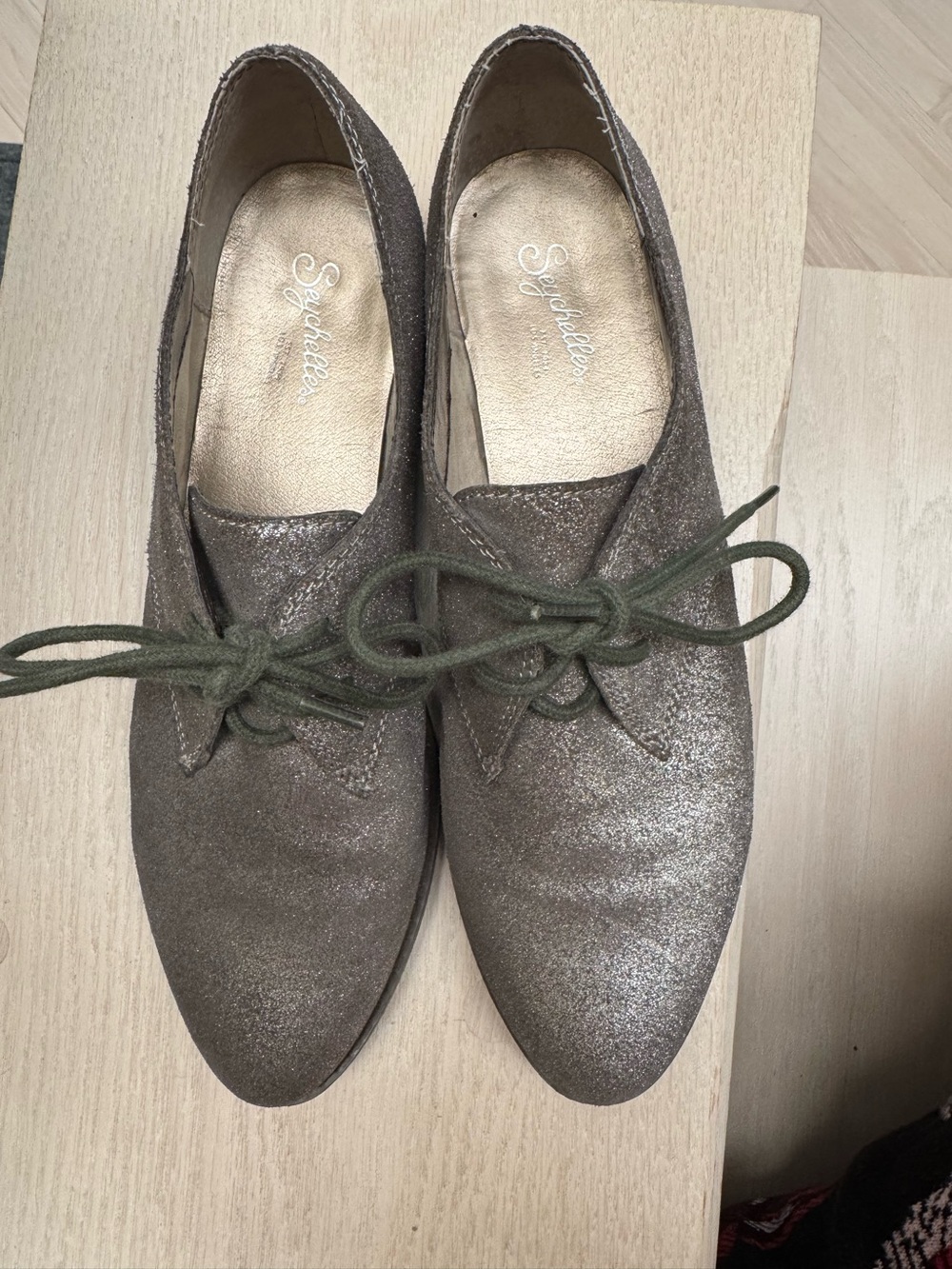 Seychelles Shimmery Taupe Lace-Up Flats with Olive Laces